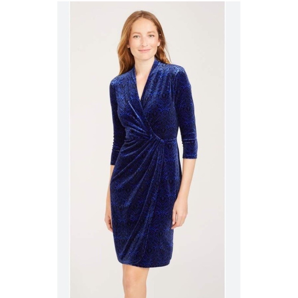 J. McLaughlin Womens M Blue Black Velour Wrap Dress Paisley V-Neck 3/4 Sleeve